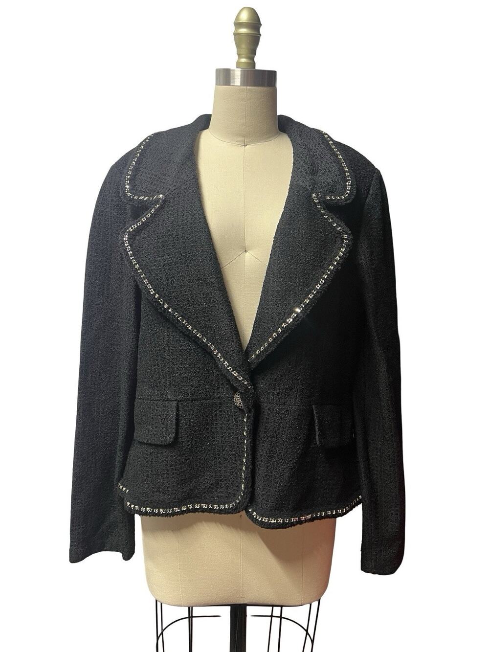 St John Knits Blazer Jacket Black W/ Chain Detail Trim Size 16 Notched lapel